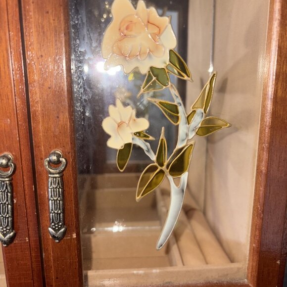 Vintage Wooden Peach Etched Flowers 2 Drawer Jewelry Box Felt lined 17.5”h x 12” - Picture 4 of 16
